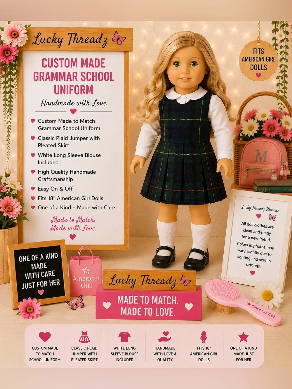 American Girl  Custom Made Girls' School Uniform Jumper - Green Plaid